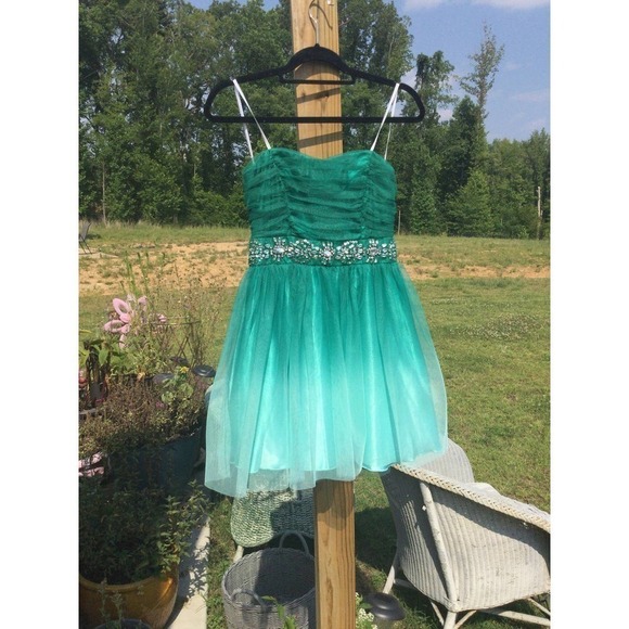 B. Darlin Womens Strapless Fairy Dress 9 10 Babydoll Tulle Rhinestone Teal Ombre - Picture 1 of 12